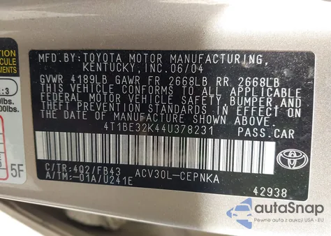 2004 Toyota Camry Le/Xle/Se z USA, uszkodzony, nr VIN 4T1BE32K44U378231